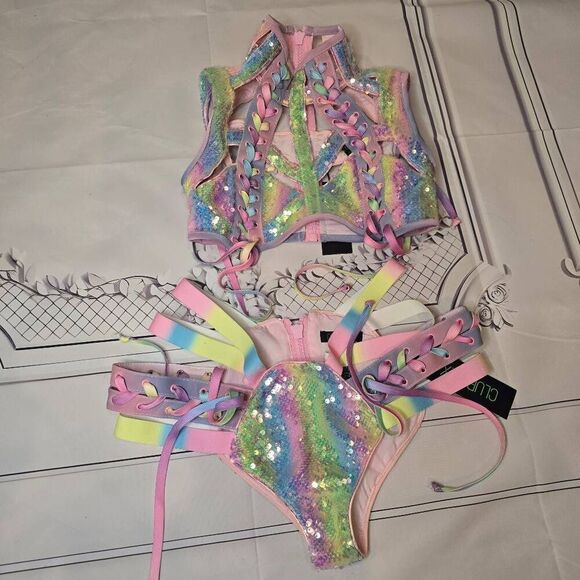 Dolls Kill Tops - Dolls Kill Harness Rainbow Sequin Rave Festival Lace Up Top XXS